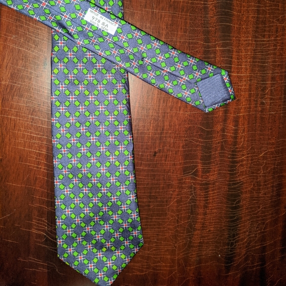 VTG HERMES Silk Tie Blue & Green Geometric Print - Picture 2 of 6